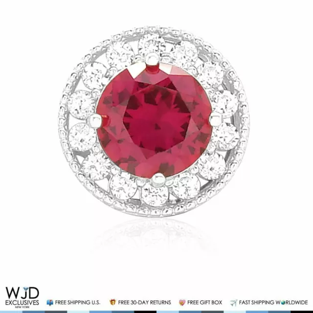 1.80Ct Simulated Diamond And Ruby Round Halo Charm Pendant 14K White Gold 9mm
