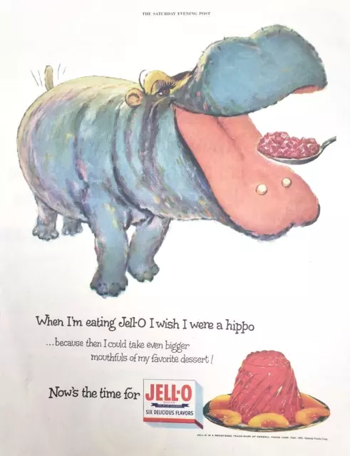 Hippopotamus I Wish I Were Jell-O 1954 Ad Magazine Print Dessert Hippo Animal