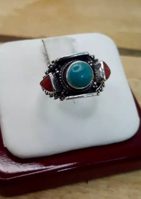 Artisan Made Bali Design Turquoise / Sterling Silver Ornate Band Sz. 6.5
