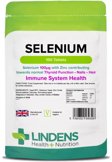 Selenio 100 mcg y zinc, apoyo a la salud inmune y bienestar (100 tabletas) LINDENS
