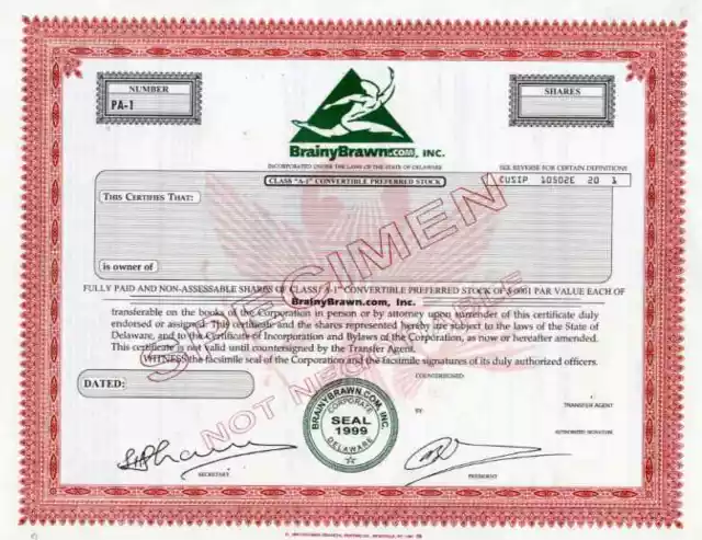 1999 Brainybrawn.com Inc Specimen Stock Certificate