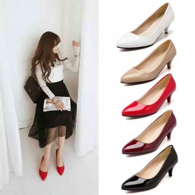 Women Kitten Mid Heel Work Shoes Ladies Wedding Office Smart Court Pumps Shoes F