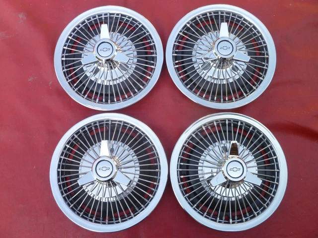 Vintage 1964-67 Chevy Impala Nova Ss Three Bar Wire Spinner Hubcaps Wheel Covers