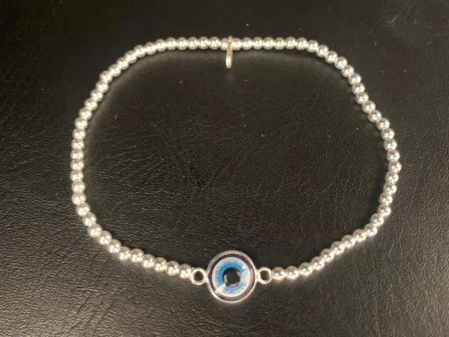 925 Sterling Silver Evil Eye Mati Nazar Stretch Ball Bracelet Blue Elastic