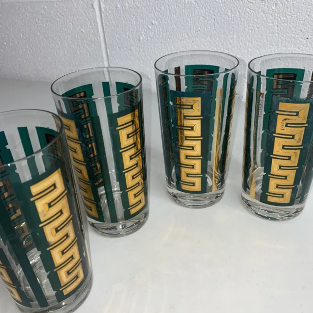 Vintage mcm gold marbled green greek key style highball drinking glasses unique