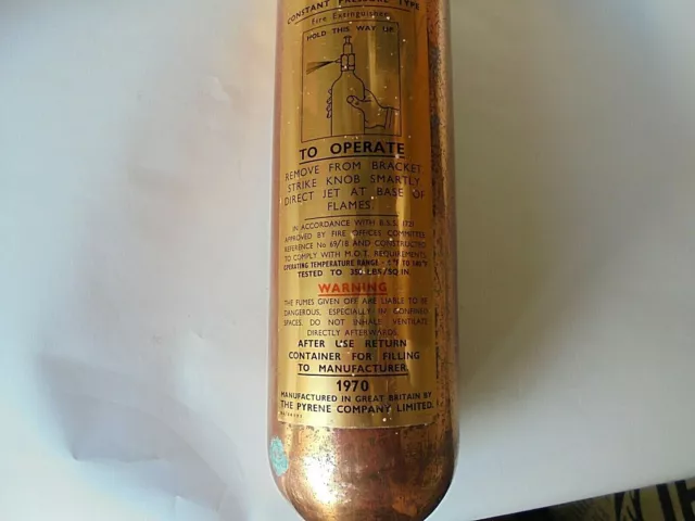 Vintage 1970 Fire Extinguisher Pyrene CTC P 32 Copper Body Brass Valve - Empty