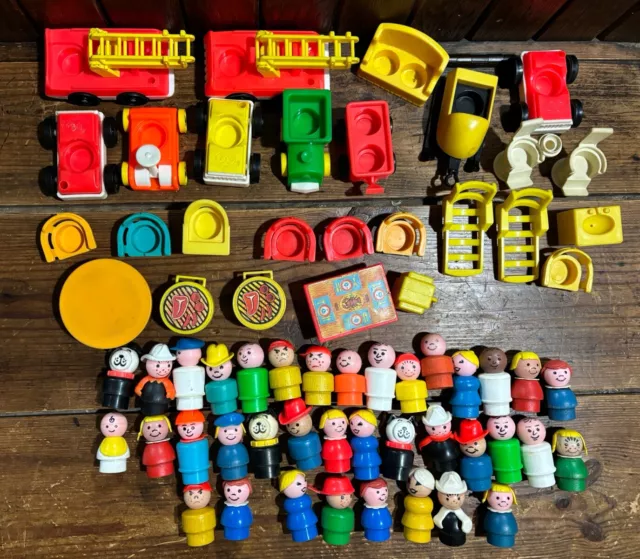 Vintage Lot Of 64 Fisher Price Little People & Accessories Wood & Plastic