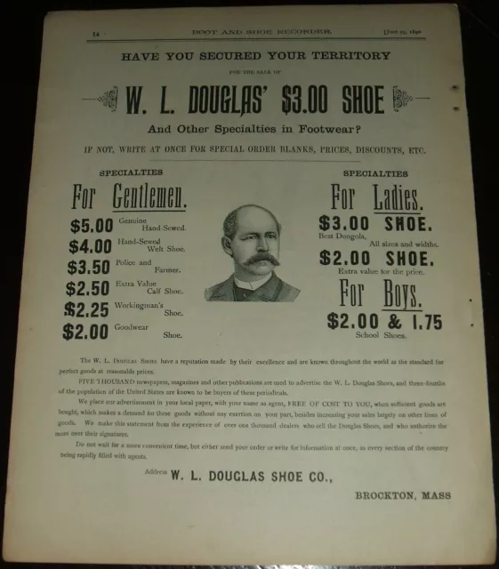 Original 1890 Full Page Illustrated Advertisement for W. L. Douglas Shoe Company