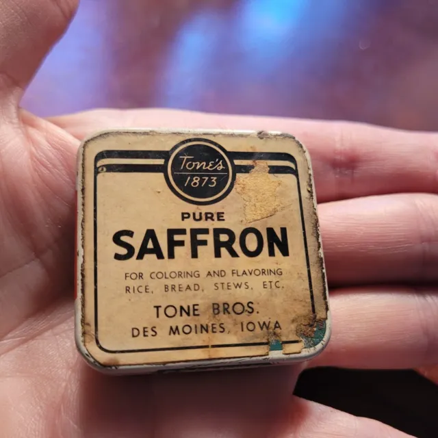 Vintage Tone Brother's Pure Saffron Mini Sampler Tin Des Moines Iowa- Since 1873