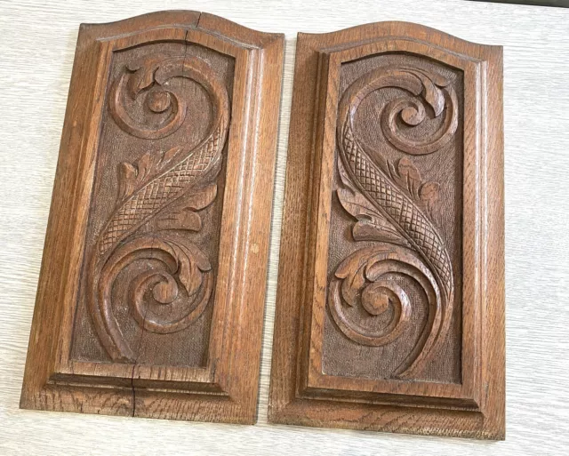 Pair of Decorative Oak Carved Panels. 33cm x 17cm