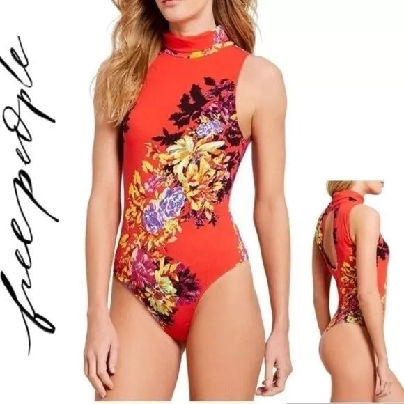 Body Free People cuello alto Pixi rojo floral sin mangas talla S precio de venta sugerido por el fabricante 75 USD