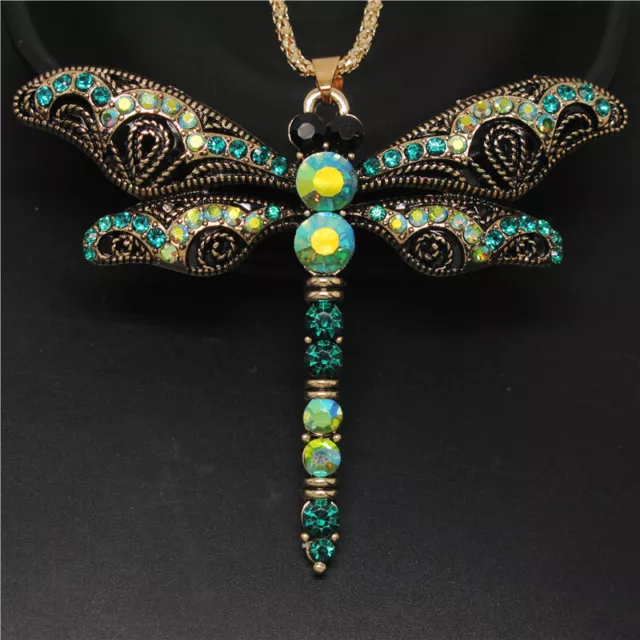 New Betsey Johnson Green Enamel Retro Dragonfly Crystal Pendant Women Necklace