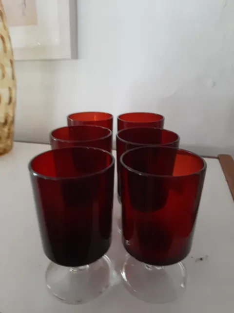 Luminarc Stemmed Ruby Red Wine Vintage Glasses 1970s Vintage x 6