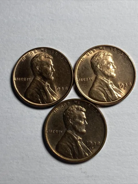 1938 P D S Lincoln Wheat cent BU uncirculated mint state type set / 3 US coins
