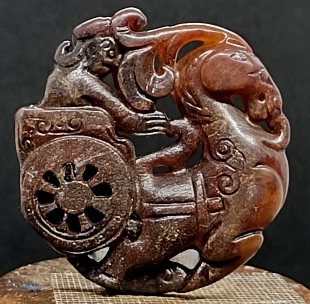 Antiguo Colgante Escultura de viejo Jade Hetian Caballo y Ave Fénix Artesanía