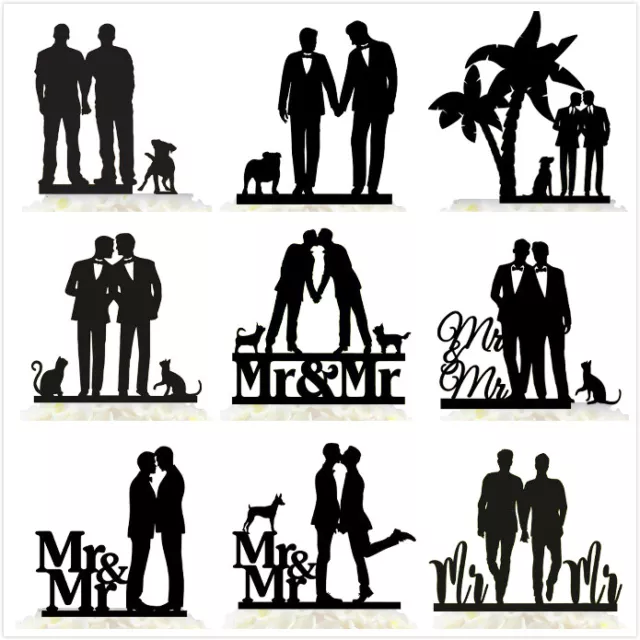 Personalised Mr & Mr Gay Same Sex Wedding Cake Topper Family with Dogs Cats Gift