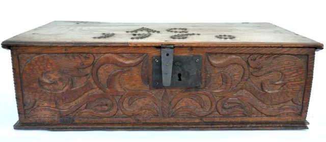 18th Century English Oak Bible Box With Sea Creatures