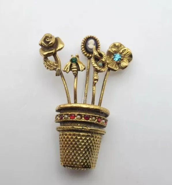 Vintage Gold Tone Thimble Flower Pot Stick Pin Brooch c1960s Cameo Snake Bee