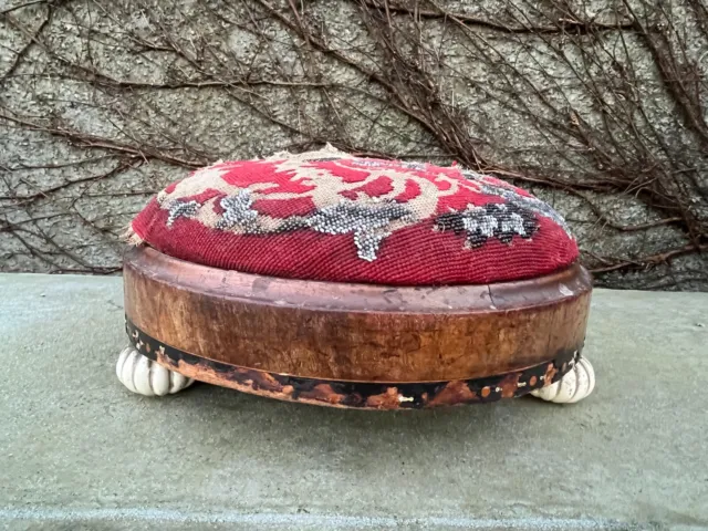 Antique Victorian Beaded Tapestry Foot Stool