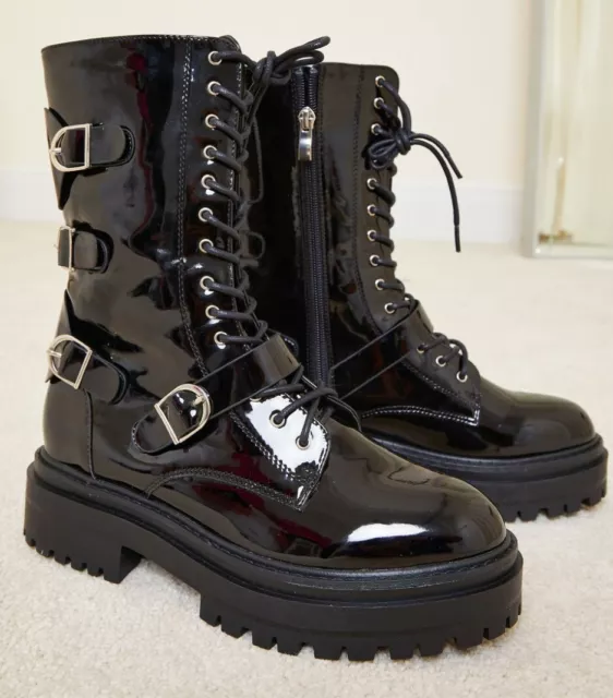 Bnib 8 Plt Black Patent Chunky Biker Calf Boots Festival Grunge Emo