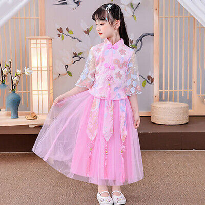 Kid Hanfu Tang Suit Two-piece Set Tops and Skirts Tassel Embroidery Chinese