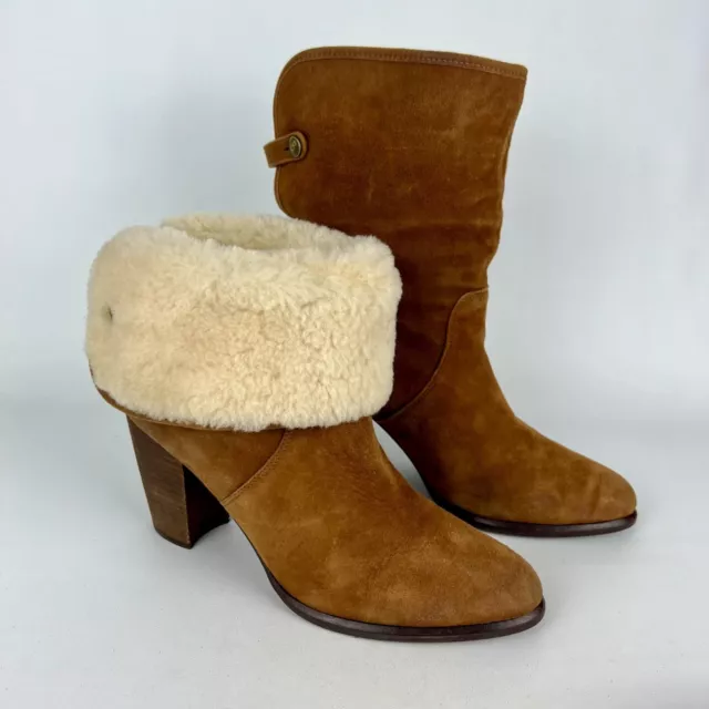 UGG Layna Womens Tan Suede Shearling Cuff Heeled Boot Fold Down size 10