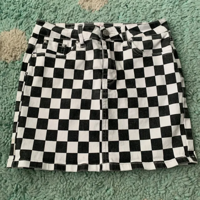 ALMOST FAMOUS Jean Skirt Denim Cotton Mini Pockets Black White Checkerboard Girl