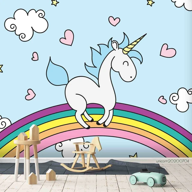 3D CARTOON UNICORN Rainbow Wallpaper Wall Mural Removable Selfadhesive