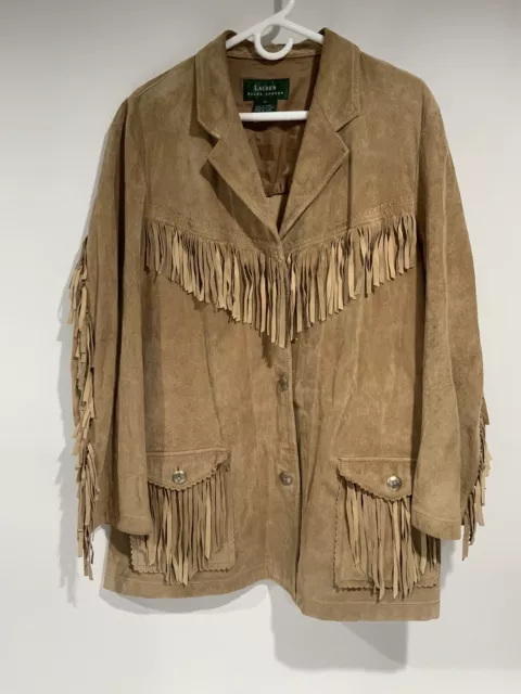 Vintage Lauren Ralph Lauren Sz L Tan Fringe Suede Leather Western Jacket Coat