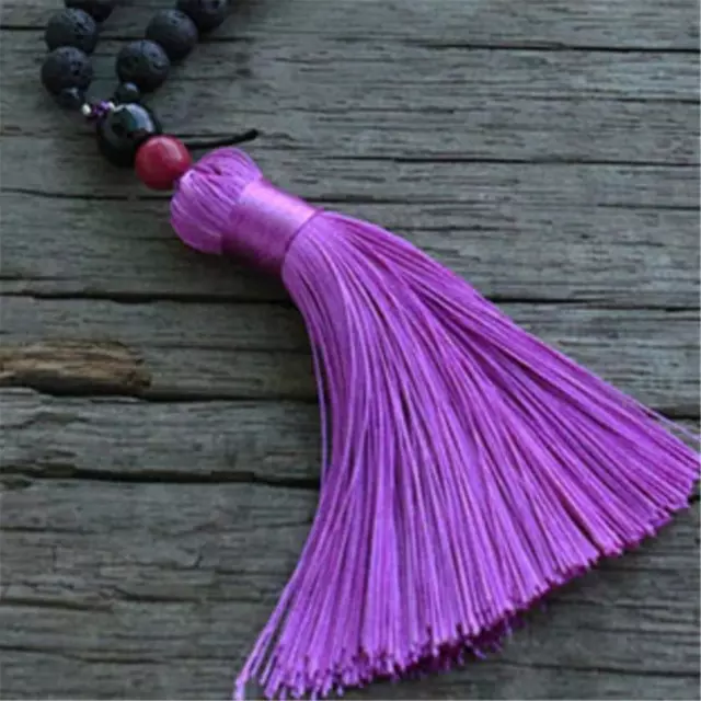 8mm Lava Stone 108 Beads Handmade Tassel Necklace Retro Spiritua Japa Tibetan