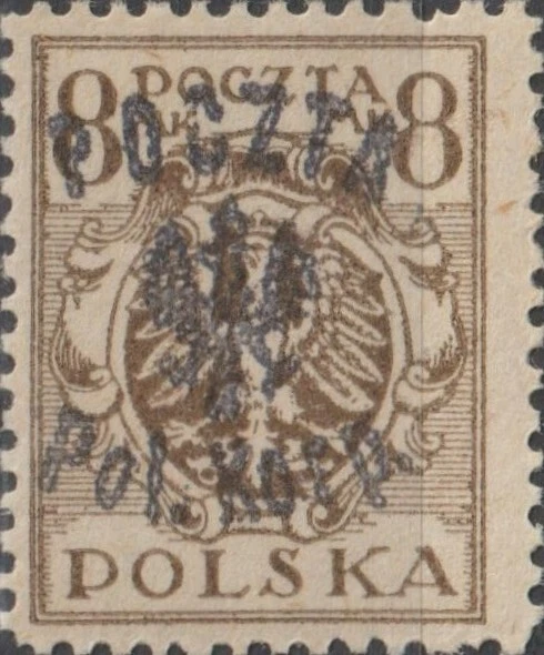MH 1920 POCZTA Eagle POL. KORP.  OVERPRINT on 8 Mk. Poland Stamp LIGHT-BROWN