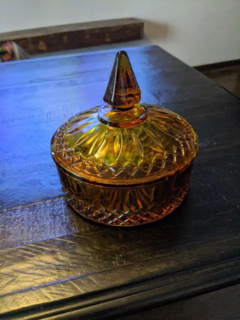 Vintage 1970s INDIANA GLASS Amber Lidded Candy/Nut Dish Princess Pattern #7692