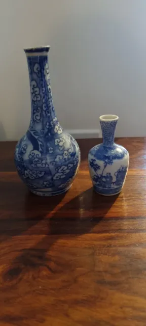 Pair of Vintage Chinese Blue and White Miniature Bud Vases