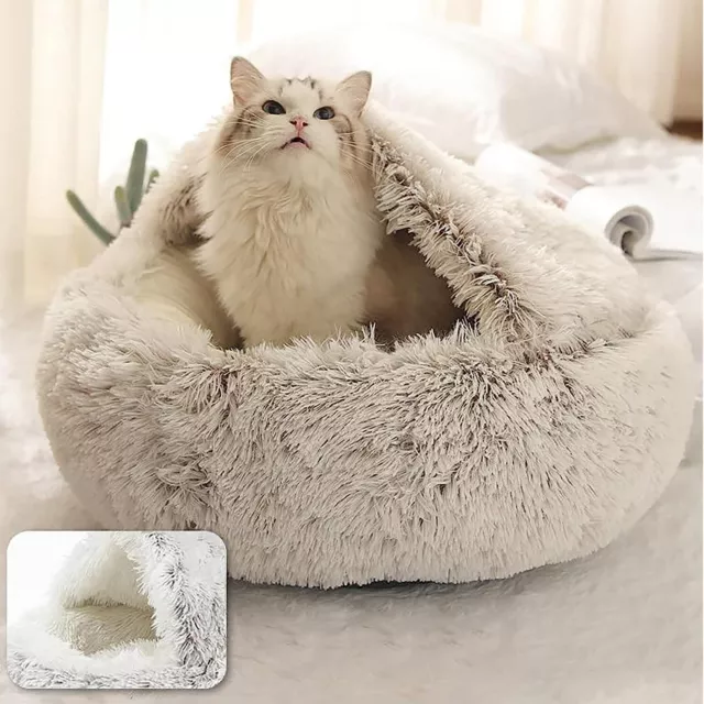 Pet Dog Cat Bed Plush Round Cave Soft Hooded Winter Self Warming Pet Mattress
