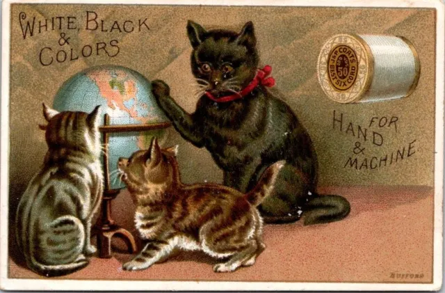 J P Coats Anthropomorphic Black Cat Teaching Kittens Globe B HQV1