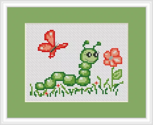 Caterpillar And Butterfly Cross Stitch Kit By Luca S Ideal Beginner 13cm x 9cm