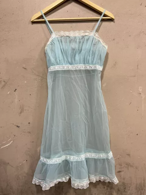 Vtg St Michael Light  Turquoise Sheer Nylon & Lace  Full Slip Petticoat