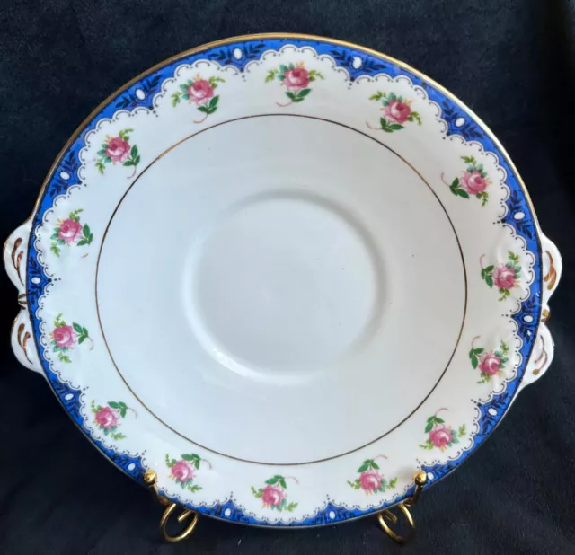 Lovely Vintage c1920s Tuscan Floral Pink Rose Blue Trim Handled Serving Dish 2