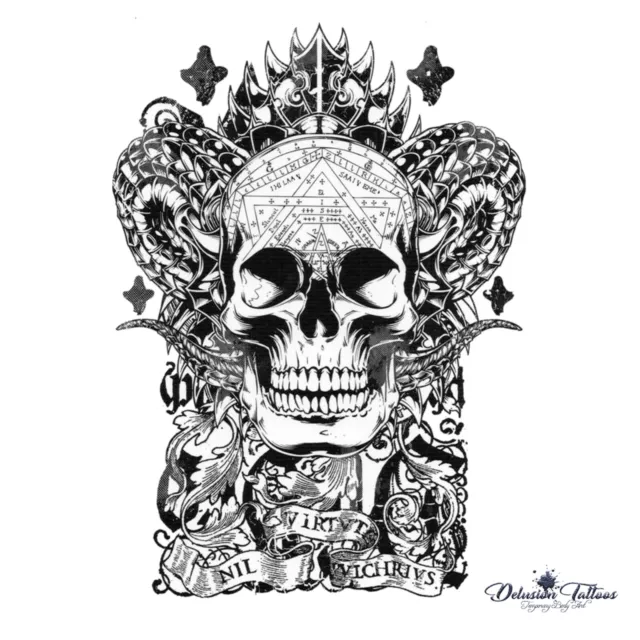 Devil Skull Temporary Tattoo Transfer - Black Realistic Waterproof Mens Womens