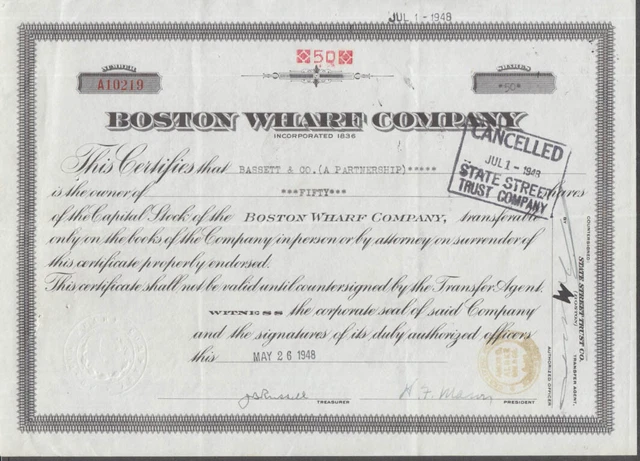 Boston Wharf Company stock certificate 1948 Fifty Shares