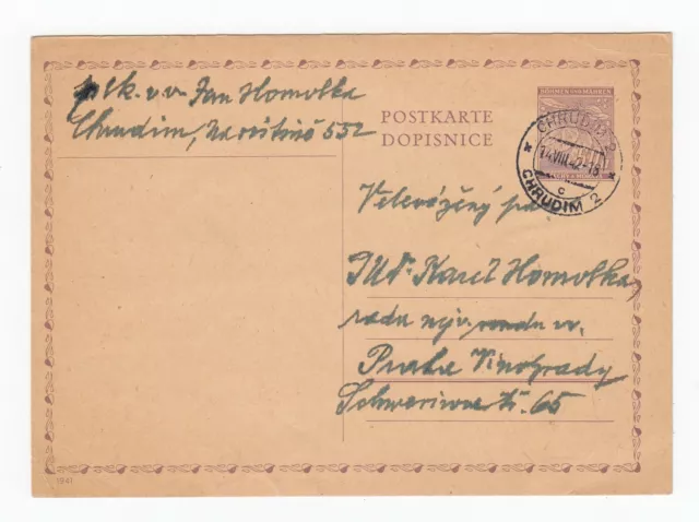Böhmen und Mähren Postkarte Ganzsache von Chrudim 2 nach Prag 1942