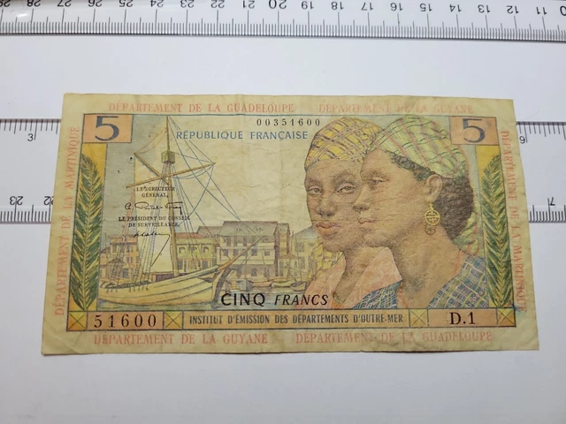 French Antilles Martinique Guyane Guadeloupe 5 francs 1964 P-7a Banknote 90322-5