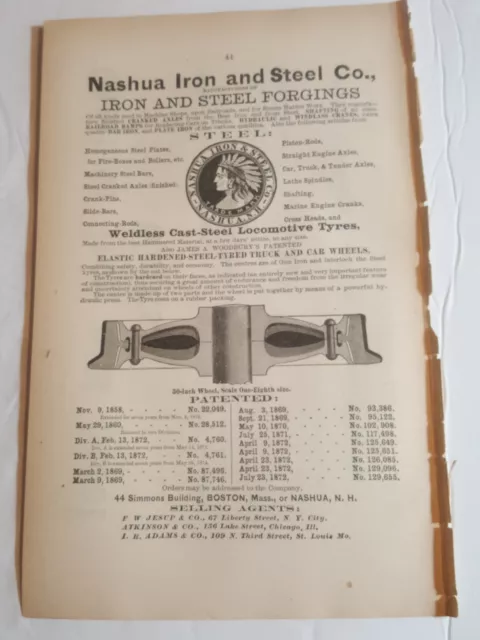 ☆ 1884 print ad NASHUA IRON & STEEL Railroad car wheels Steam marine work NH