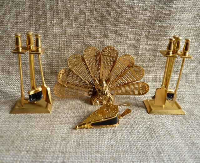 Dolls House Peacock Fire Screen 2 Companion Sets + Bellows Fireplace Accessories