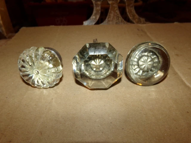 3 Different Shape Antique Glass & Brass Crystal Door Knob Hardware House Salvage
