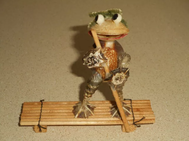 Handmade FROG Shell Sculpture Fisherman On Bamboo Stick Raft 1960s Made in JAPAN