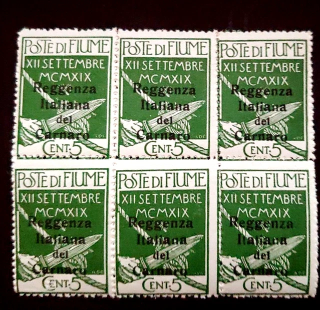 Classic 5 Cent Block Of 6 Vf Mnh Italy Italia Fiume Bk70.1