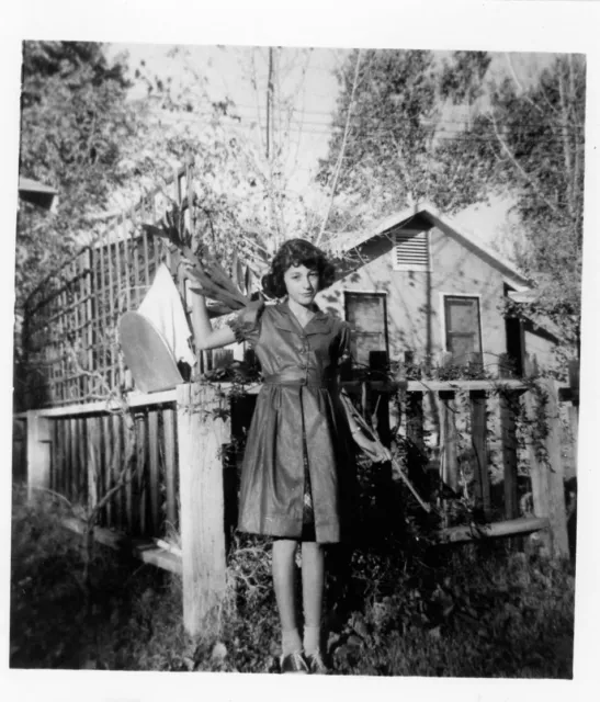 Vintage 1950's Girl Photo Fence House Palm Branch Saddle Shoes Bobby Socks