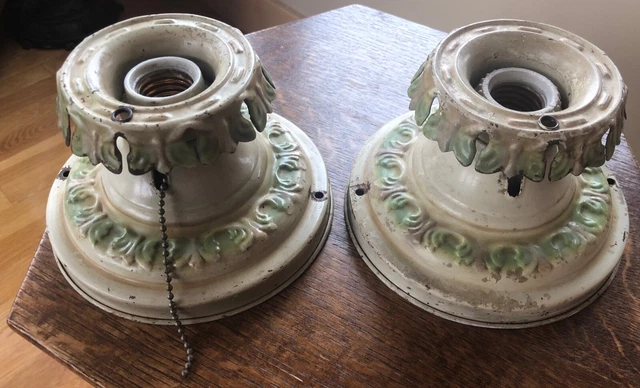 2 Vtg art deco flush ceiling mount metal light fixtures porcelain bulb sockets