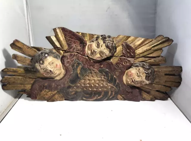 18th c / 19th c Spanish Colonial Hand Carved Wood Fragment With Angels